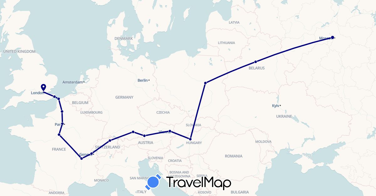 TravelMap itinerary: driving in Austria, Belarus, Switzerland, Germany, France, United Kingdom, Hungary, Poland, Russia (Europe)